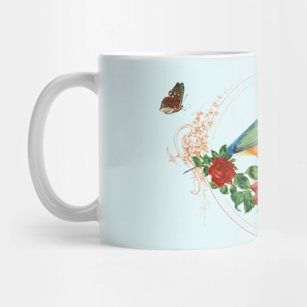 Red Head Finch standing in red Roses with Butterflies surrounded by LizzyizzyDesign